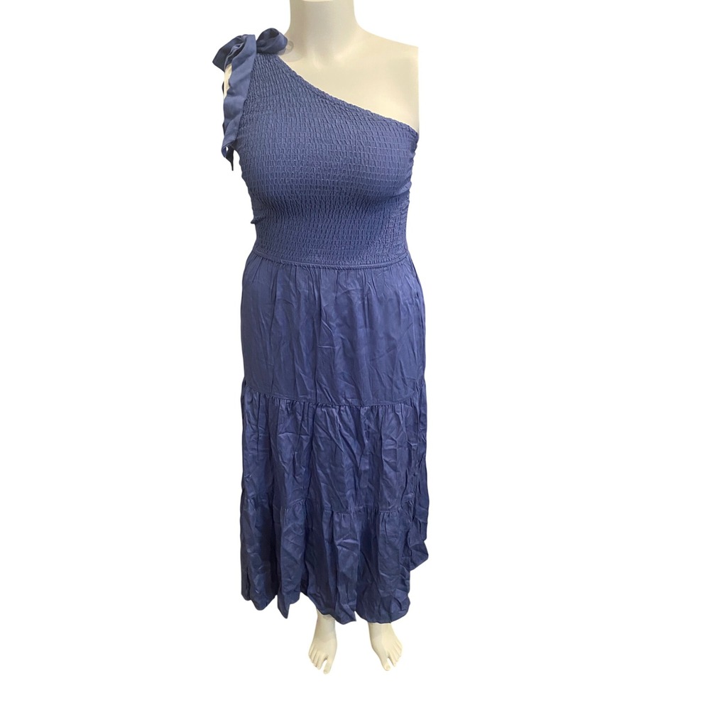 Merokeety Womens One Shoulder Smocked‎ Maxi Dress Blue Tiered Boho Summer Size S